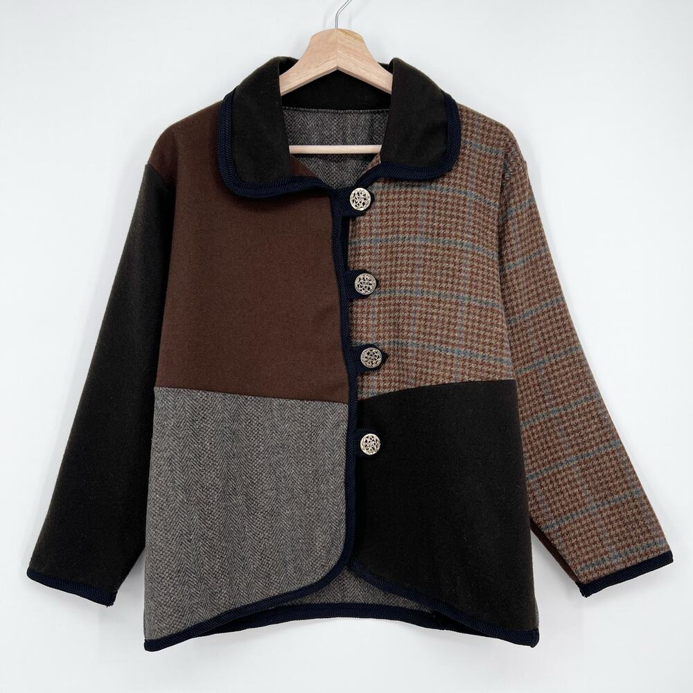 Patchwork Tweed Wool Jacket Cardigan Women Large Brown Boxy Houndstooth Handmade